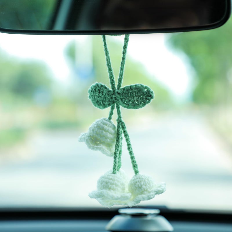 BSMTEBN Car Mirror Hanging Accessories Lily Flower Handmade Knitted Car Pendant Cute Car Decorations for Women Crochet Rearview Mirror Accessories for Decoration Pendant Car Accessories Pendant (White 1) - Image 3